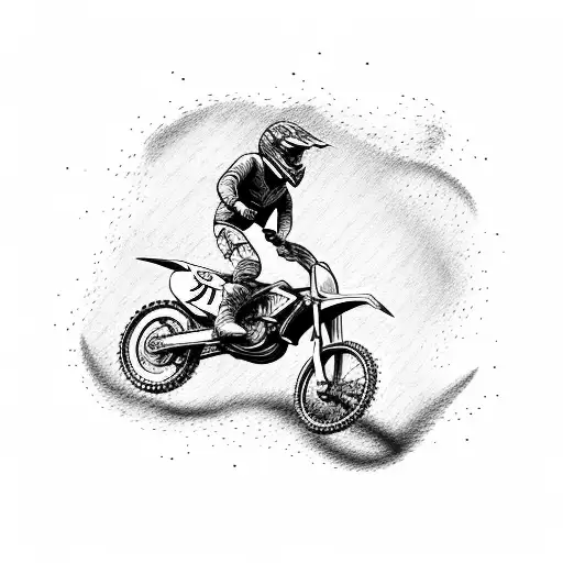 A detailed dirt bike jumping over a campfire with Skylar Bingham's name integrated into the design tattoo design idea
