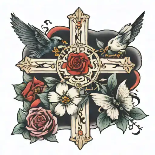 cross with birds, flowers, and ladybugs   tattoo design idea