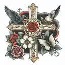 cross with birds, flowers, and ladybugs   tattoo design idea