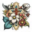 cross with birds, flowers, and ladybugs   tattoo design idea
