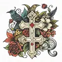 cross with birds, flowers, and ladybugs   tattoo design idea