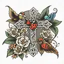 cross with birds, flowers, and ladybugs   tattoo design idea