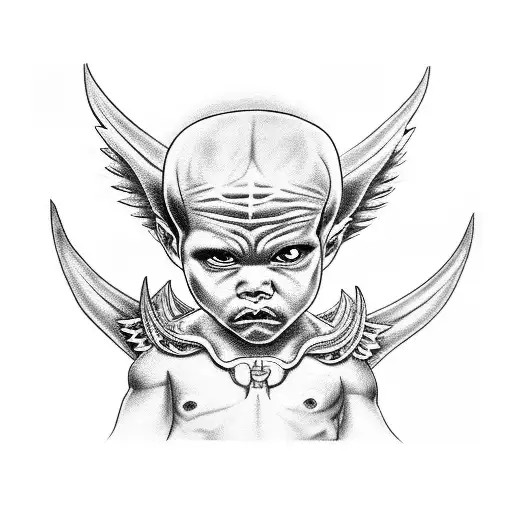 demon baby angel with chicano art work around it tattoo design idea