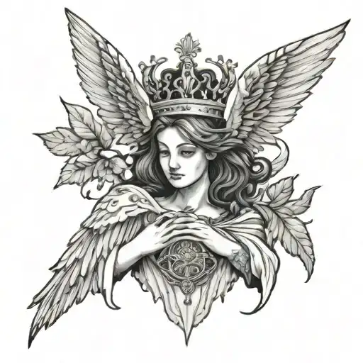 angel broken wings holding crown  tattoo design idea