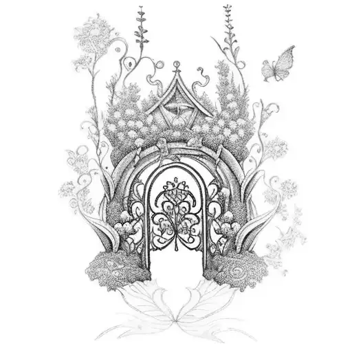 A garden gate adorned with intricate woodwork and fairies peeking through, representing the client's love for gardening and fairies tattoo design idea