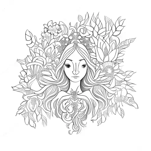 A intricate wood carving of a fairy surrounded by blooming flowers tattoo design idea
