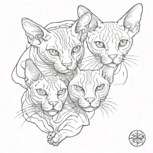 2 sphynx cats and a fluffy cat are lying together tattoo design idea