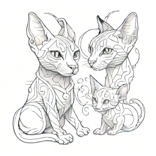 2 sphynx cats and a fluffy cat in the heart tattoo design idea