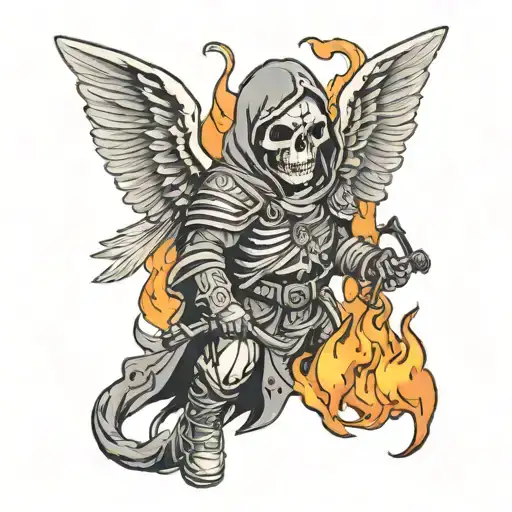 hooded skull face soldier with wings walking on skulls on fire tattoo design idea