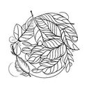 stack of books, single feather, fall leaves, two small cirkles, flowers tattoo design idea