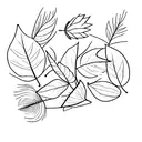 stack of books, single feather, fall leaves, two small cirkles, flowers tattoo design idea
