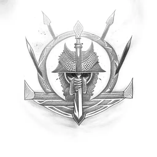 black ankh with red outline sword going through the middle of it tattoo design idea