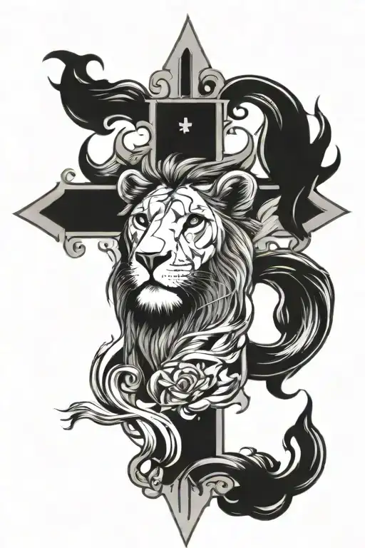 Christian cross, lion girls tattoo design idea