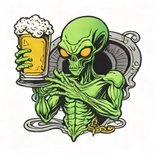 alien chugging a beer mug tattoo design idea