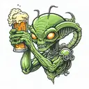 alien chugging a beer mug tattoo design idea