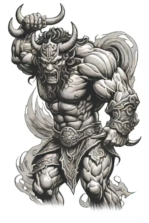 Minotaur with storm at the back ground tattoo design idea