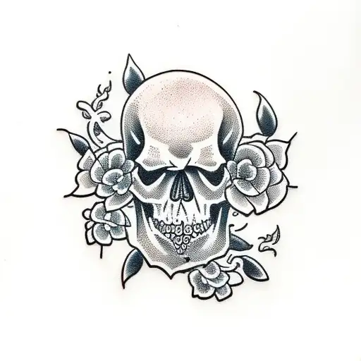 skull and cherry blossom tattoo design idea