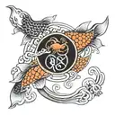 Two koi fish ina yin-yang style and the words Έχω κατακτήσει τον εαυτό μουaround them tattoo design idea