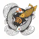 Two koi fish ina yin-yang style and the words Έχω κατακτήσει τον εαυτό μουaround them tattoo design idea