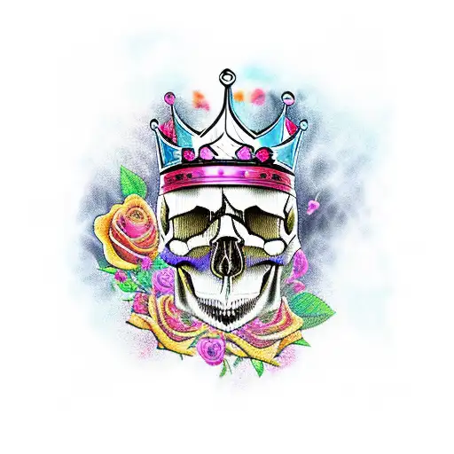 skull with King's Crown and roses tattoo design idea