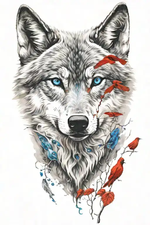 wolf with bright blue eyes and a red cardinal above it both looking at me tattoo design idea