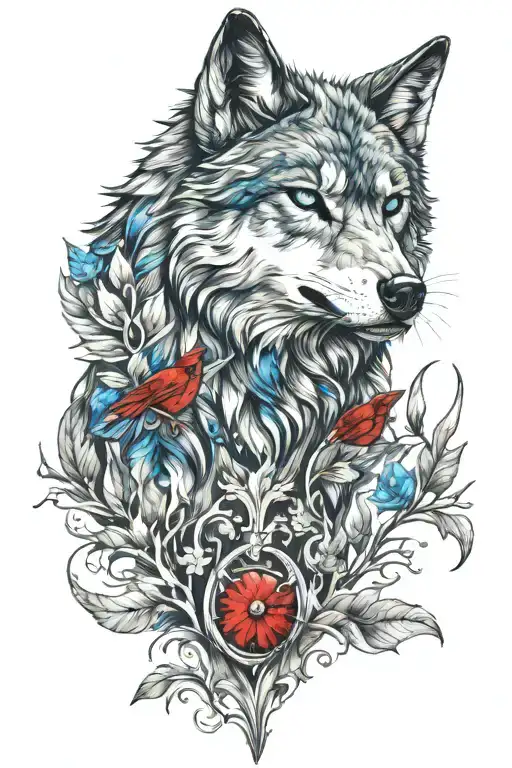 wolf with bright blue eyes facing me with a red cardinals face also looking at me above the wolf tattoo design idea