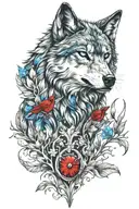 wolf with bright blue eyes facing me with a red cardinals face also looking at me above the wolf tattoo design idea
