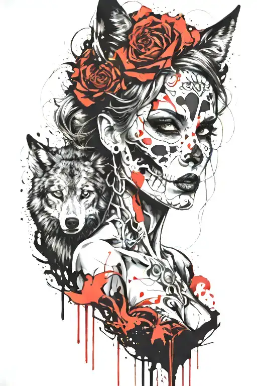 skulled face lady with the wolf tattoo design idea