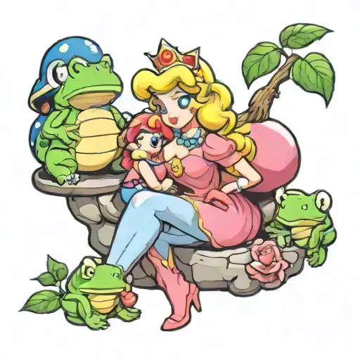 pinup princess peach with mario and toad sitting tattoo design idea
