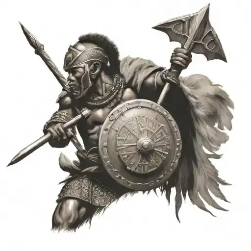 African warrior holding a shield and spear tattoo design idea