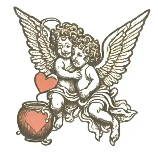 flying two cherub with hearts tattoo design idea