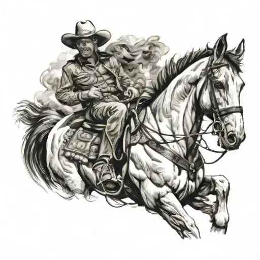 cowboy sitting on horse. smoking colt tattoo design idea