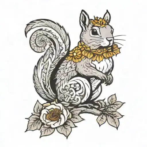 floral birds squirrel holding sunflower tattoo design idea