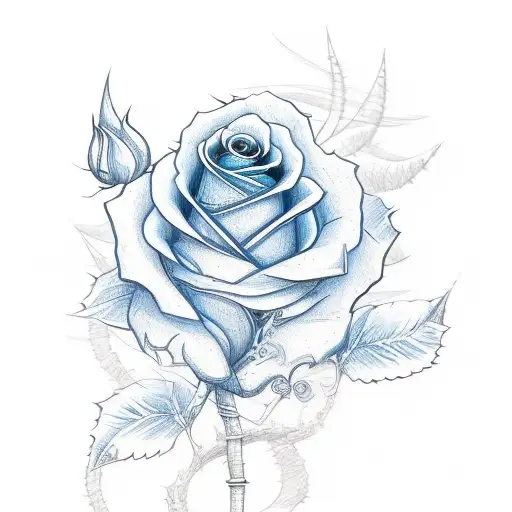 Blue roses on black thorns, japanese Kaizen written in blue, the witcher medalion in blue tattoo design idea