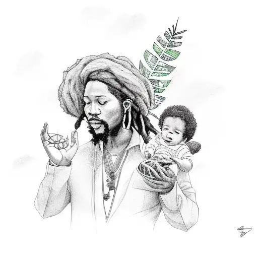 rasta man with his baby and tropical flowers in background tattoo design idea