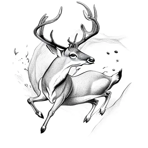 A graceful deer gracefully leaping over a flowing river in a dense forest tattoo design idea