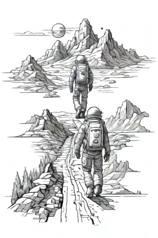 mountains, pathway between, astronaut tattoo design idea