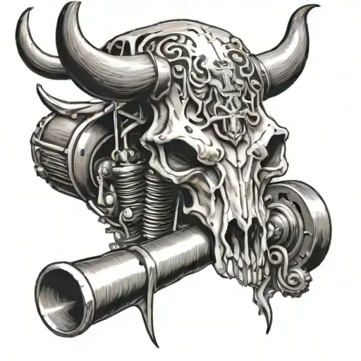 A Texas longhorn skull with a Harley Davidson engine replacing its horns tattoo design idea