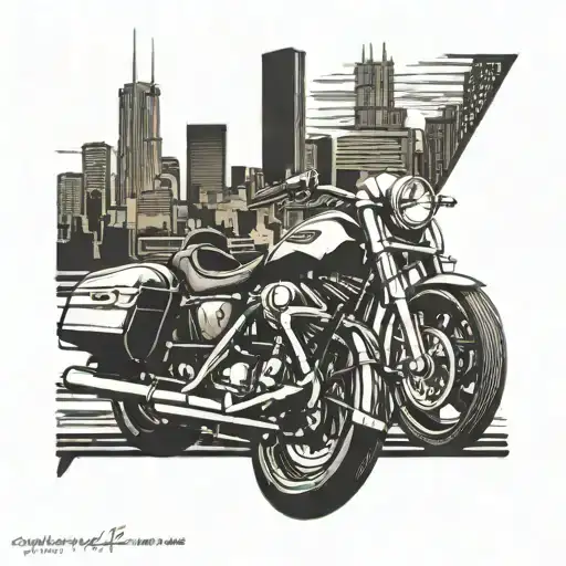 Chicago skyline with a Harley Davidson motorcycle riding through the streets tattoo design idea