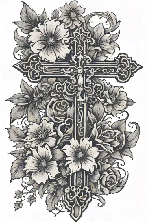 cross with flowers saying everything happens for a reason   tattoo design idea
