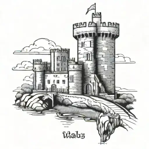 Incorporate a Welsh castle into a detailed sleeve tattoo featuring other iconic landmarks of Wales tattoo design idea