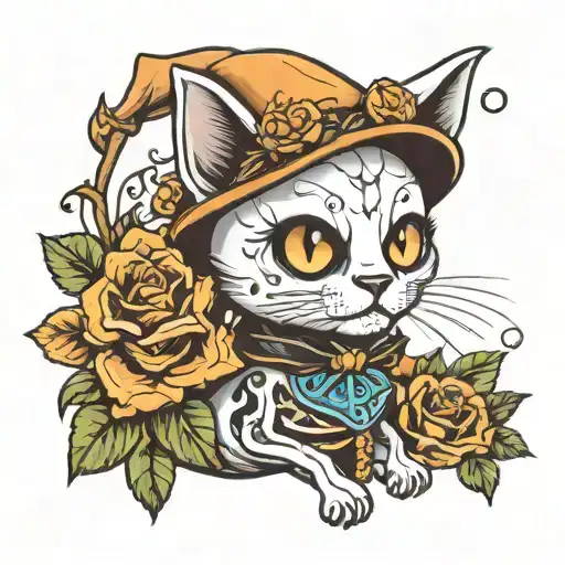 a cute skeleton cat dressed as a ghost tattoo design idea