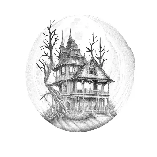 A haunted house surrounded by swirling fog and ominous trees, with a full moon casting an eerie glow. tattoo design idea
