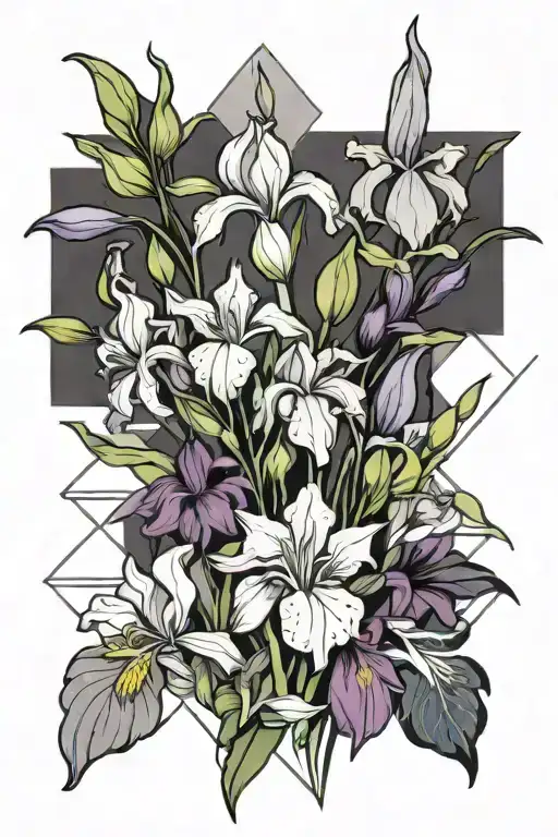 Iris, Larkspur and honeysuckle flowers in a bouquet tattoo design idea