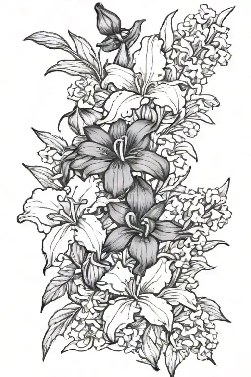 Honeysuckle, larkspur and iris bouqet tattoo design idea