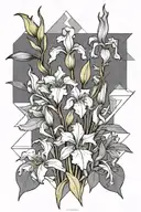 Iris, Larkspur and honeysuckle flowers in a bouquet tattoo design idea