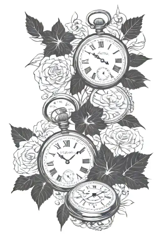 pocket watch with birth time and date of birth each for two kids with their names (jaxson) (Ivy) and birth date tattoo design idea