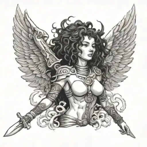 woman with curly hair, a halo, wings, and a sword killing an Asian monster tattoo design idea