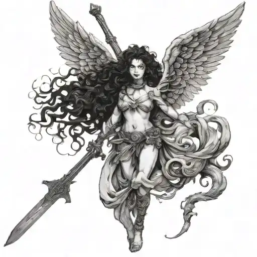 woman with curly hair, a halo, wings, and a sword killing an Asian monster tattoo design idea