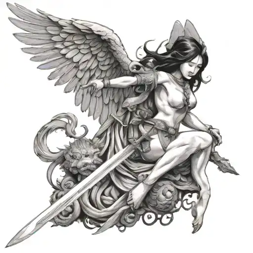 woman with angel wings killing an asian monster with a sword tattoo design idea